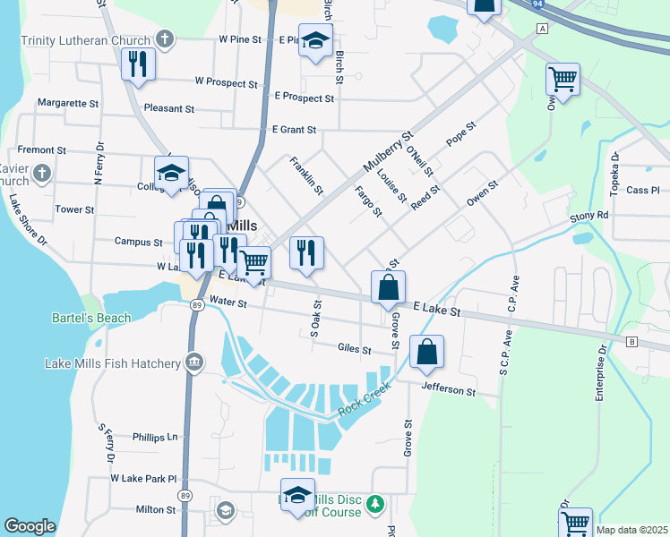 map of restaurants, bars, coffee shops, grocery stores, and more near 322 East Washington Street in Lake Mills