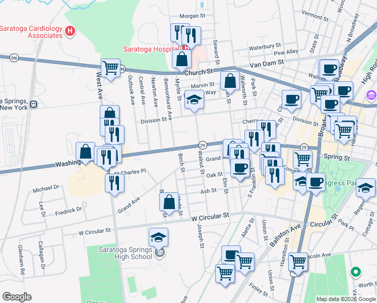 map of restaurants, bars, coffee shops, grocery stores, and more near 202 Washington Street in Saratoga Springs