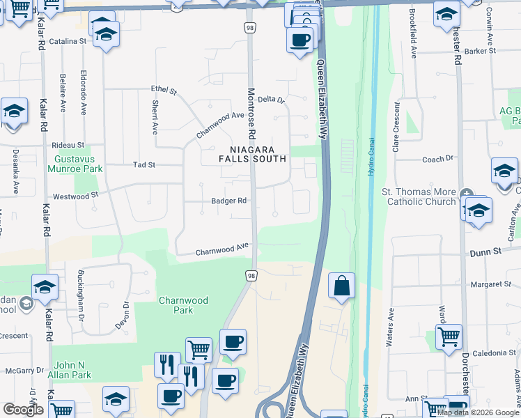 map of restaurants, bars, coffee shops, grocery stores, and more near 6551 Kuhn Crescent in Niagara Falls