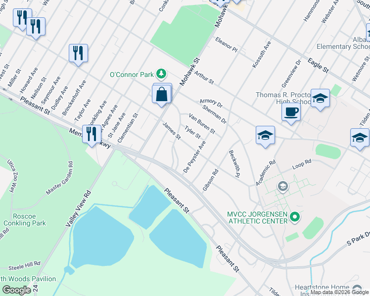 map of restaurants, bars, coffee shops, grocery stores, and more near 808 James St in Utica