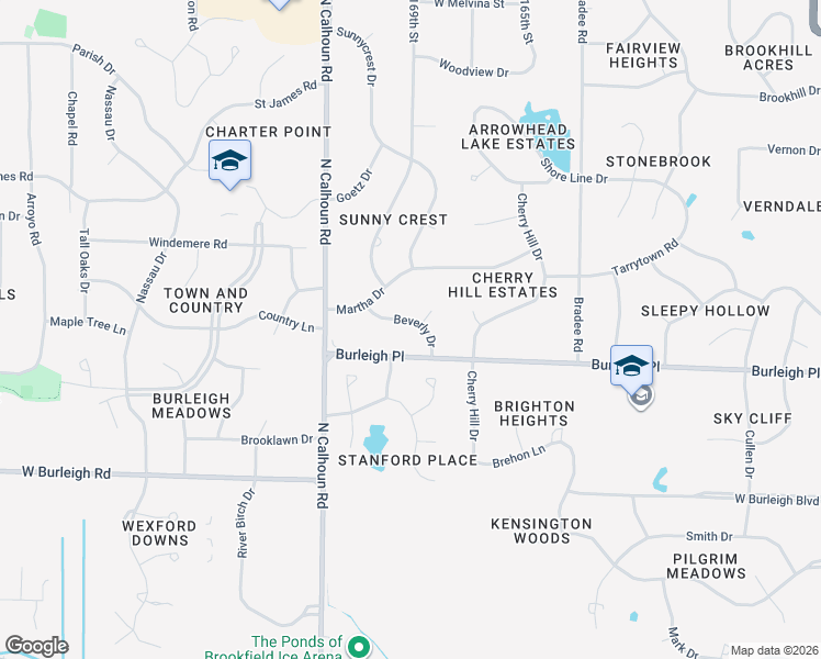 map of restaurants, bars, coffee shops, grocery stores, and more near 16935 Beverly Drive in Brookfield