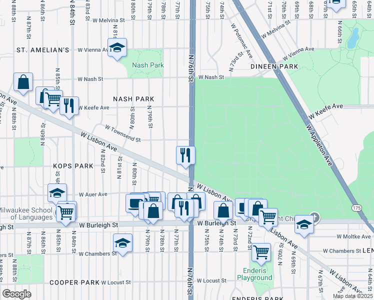 map of restaurants, bars, coffee shops, grocery stores, and more near 3337 North 76th Street in Milwaukee