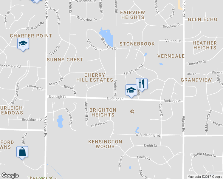 map of restaurants, bars, coffee shops, grocery stores, and more near 3355 Bradee Road in Brookfield