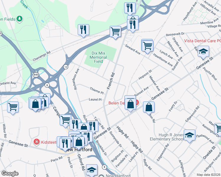 map of restaurants, bars, coffee shops, grocery stores, and more near 309 French Road in Utica