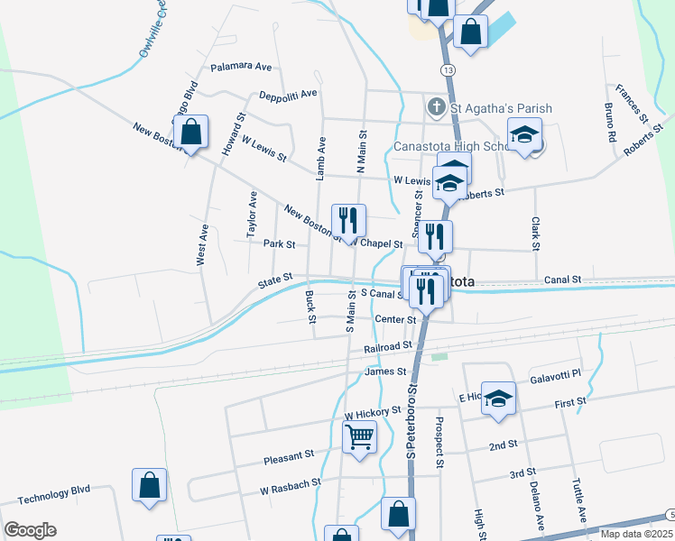 map of restaurants, bars, coffee shops, grocery stores, and more near 104 Catherine Street in Canastota