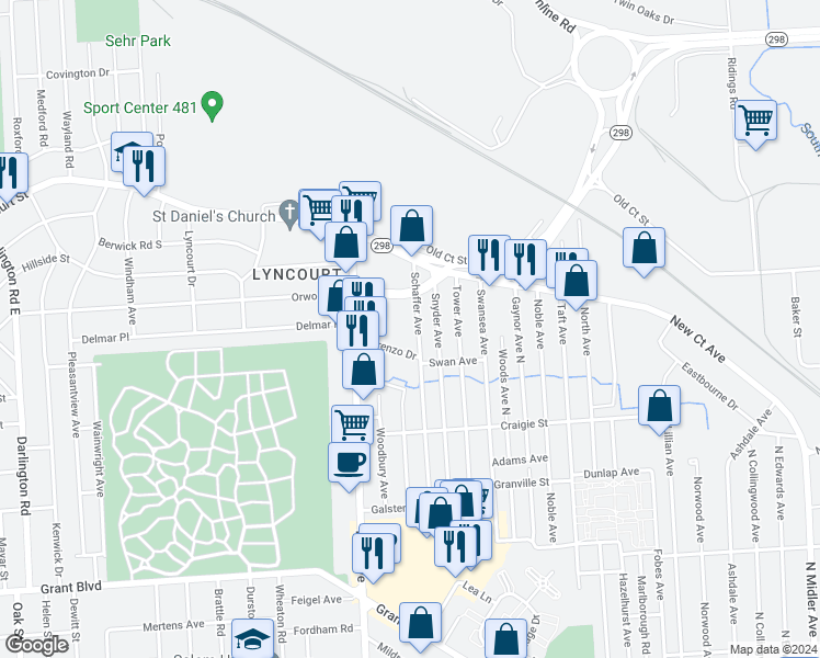 map of restaurants, bars, coffee shops, grocery stores, and more near 106 Arterial Road in Syracuse