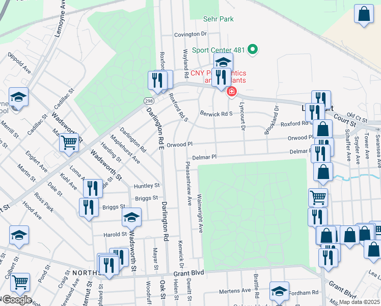 map of restaurants, bars, coffee shops, grocery stores, and more near 101 Delmar Place in Syracuse