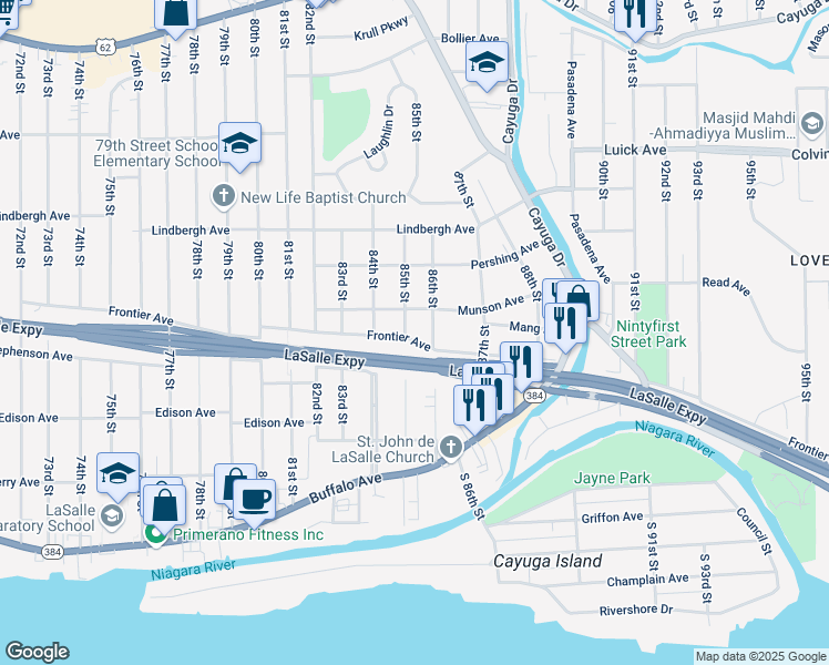 map of restaurants, bars, coffee shops, grocery stores, and more near 620 86th Street in Niagara Falls