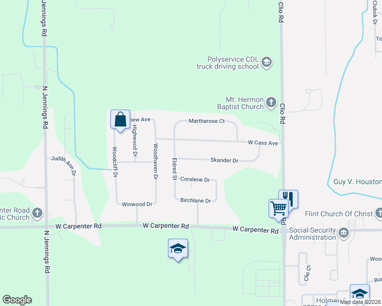 map of restaurants, bars, coffee shops, grocery stores, and more near 5170 Eldred Street in Flint