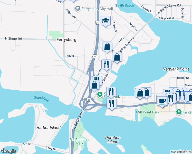 map of restaurants, bars, coffee shops, grocery stores, and more near 307 Oak Street in Spring Lake