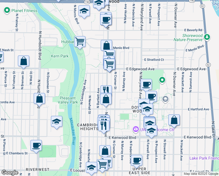 map of restaurants, bars, coffee shops, grocery stores, and more near 3421 North Oakland Avenue in Milwaukee