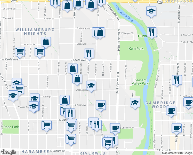 map of restaurants, bars, coffee shops, grocery stores, and more near 732 East Townsend Street in Milwaukee
