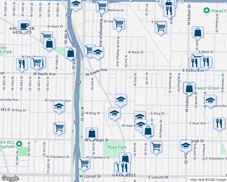 map of restaurants, bars, coffee shops, grocery stores, and more near 3348 Vel R. Phillips Avenue in Milwaukee