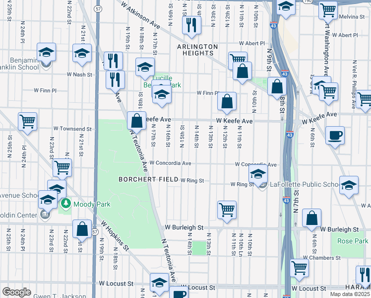 map of restaurants, bars, coffee shops, grocery stores, and more near 3343 North 15th Street in Milwaukee