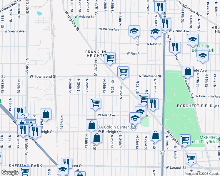 map of restaurants, bars, coffee shops, grocery stores, and more near 3341 North 25th Street in Milwaukee