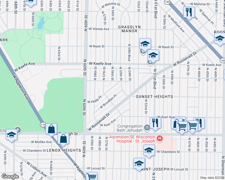 map of restaurants, bars, coffee shops, grocery stores, and more near 5620 West Philip Place in Milwaukee