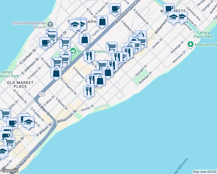 map of restaurants, bars, coffee shops, grocery stores, and more near 933 Williamson Street in Madison