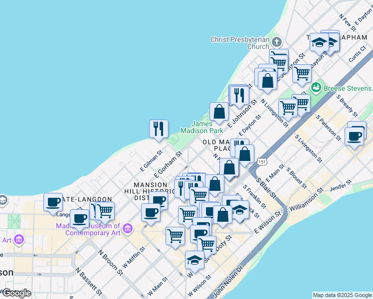 map of restaurants, bars, coffee shops, grocery stores, and more near 311 North Hancock Street in Madison