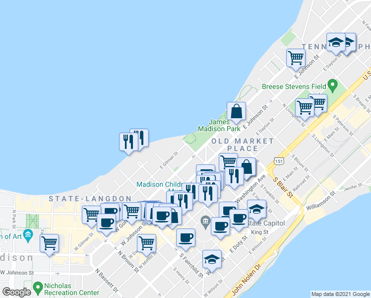 map of restaurants, bars, coffee shops, grocery stores, and more near 150 East Gilman Street in Madison