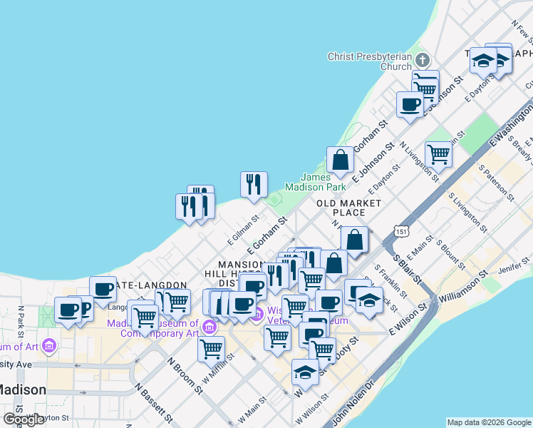 map of restaurants, bars, coffee shops, grocery stores, and more near 149 East Gilman Street in Madison
