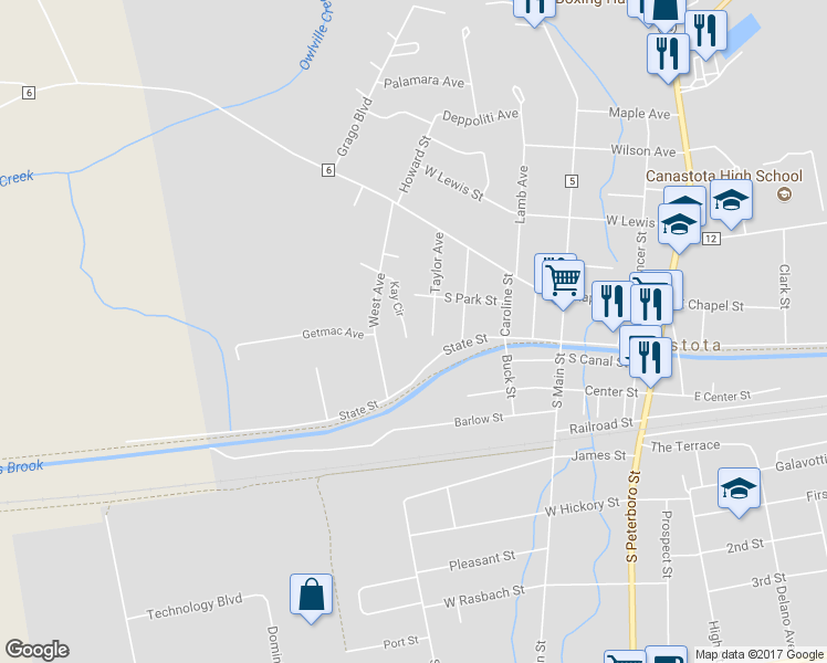 map of restaurants, bars, coffee shops, grocery stores, and more near 216-218 Kay Circle in Canastota