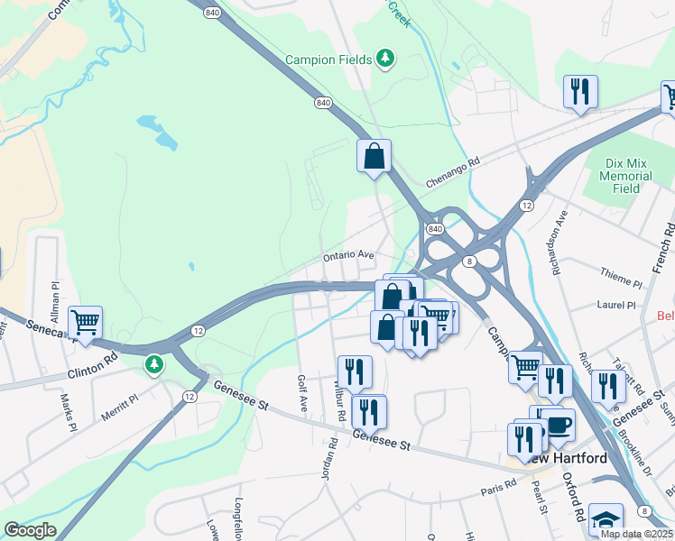 map of restaurants, bars, coffee shops, grocery stores, and more near 9 Ruth Ave in New Hartford