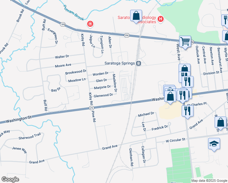 map of restaurants, bars, coffee shops, grocery stores, and more near 18 Glenwood Drive in Saratoga Springs