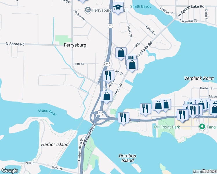 map of restaurants, bars, coffee shops, grocery stores, and more near 307 Oak Street in Spring Lake