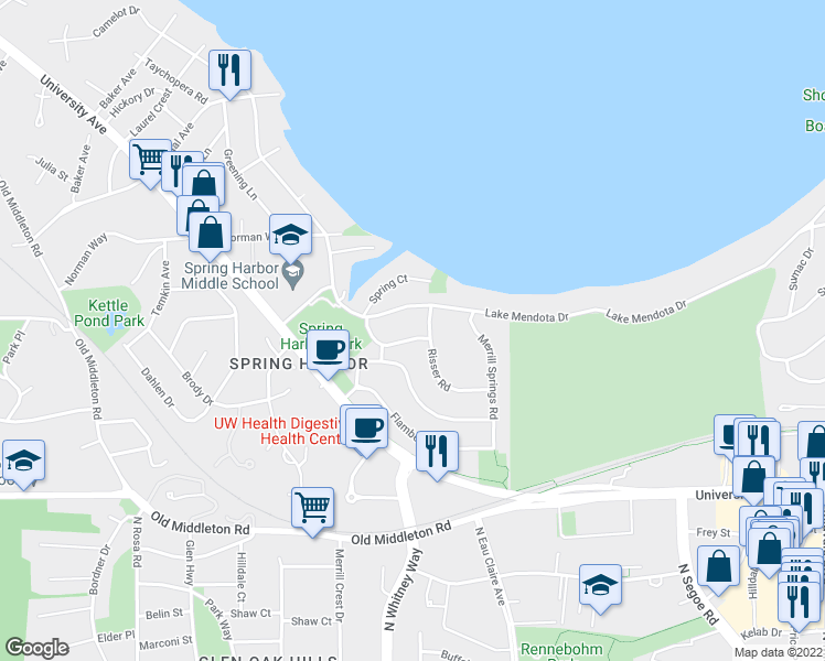 map of restaurants, bars, coffee shops, grocery stores, and more near 5106 Minocqua Crescent in Madison