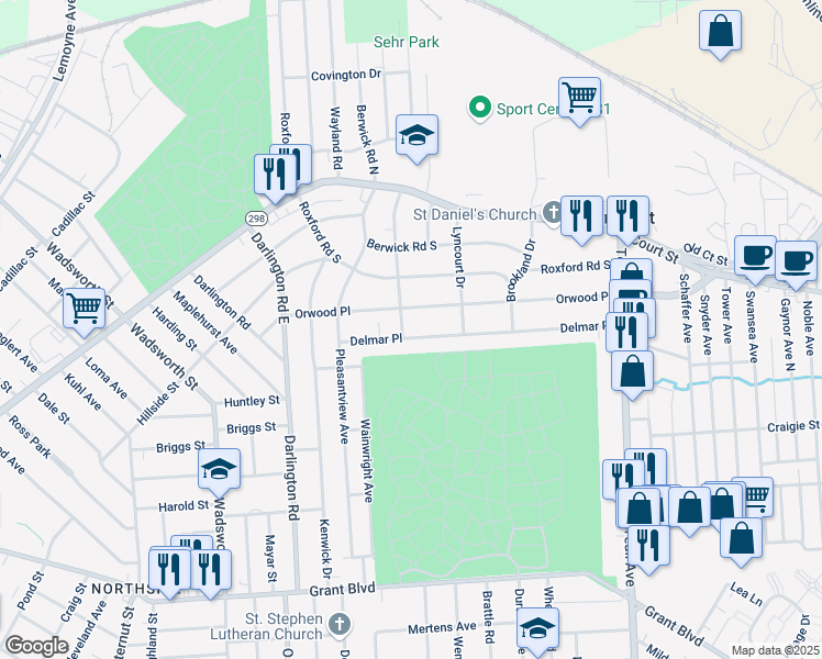 map of restaurants, bars, coffee shops, grocery stores, and more near 159 Delmar Place in Syracuse