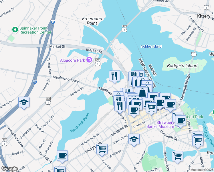 map of restaurants, bars, coffee shops, grocery stores, and more near 31 Raynes Avenue in Portsmouth