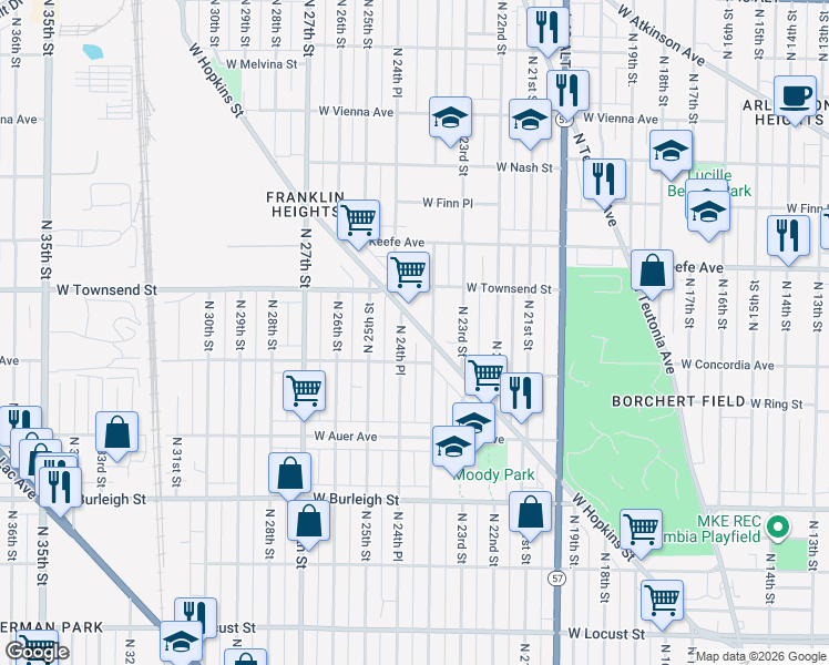 map of restaurants, bars, coffee shops, grocery stores, and more near 2419 West Hopkins Street in Milwaukee