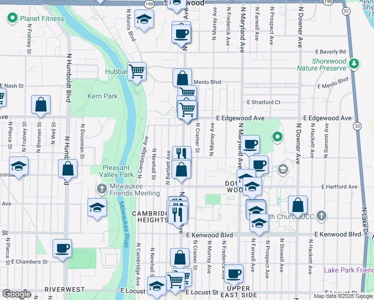 map of restaurants, bars, coffee shops, grocery stores, and more near 3421 North Oakland Avenue in Milwaukee