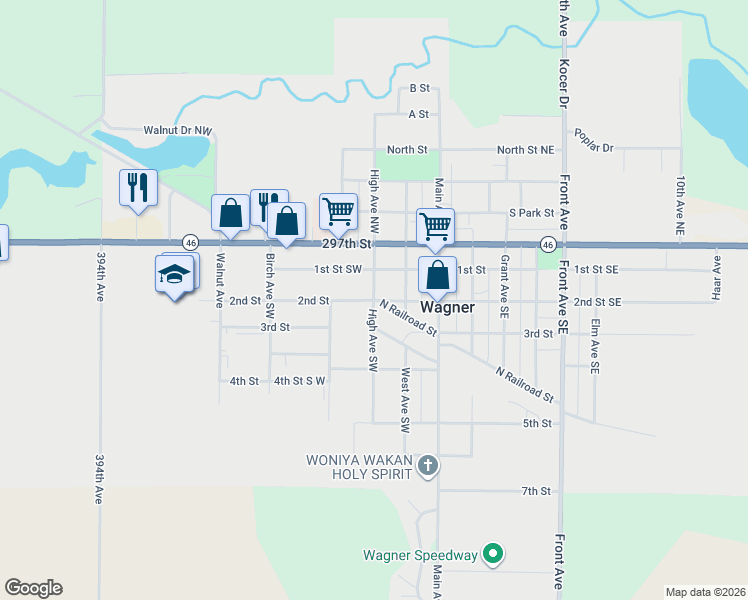 map of restaurants, bars, coffee shops, grocery stores, and more near 199 High Avenue Southwest in Wagner