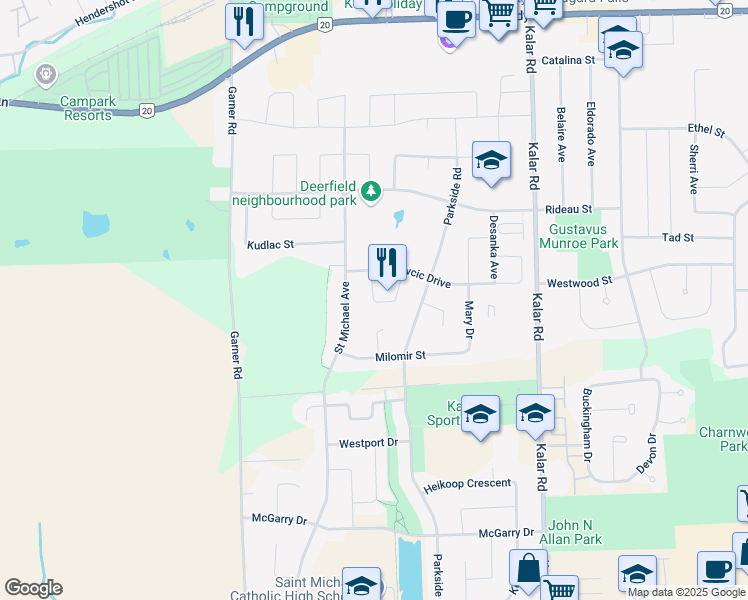 map of restaurants, bars, coffee shops, grocery stores, and more near 6673 Richard Crescent in Niagara Falls