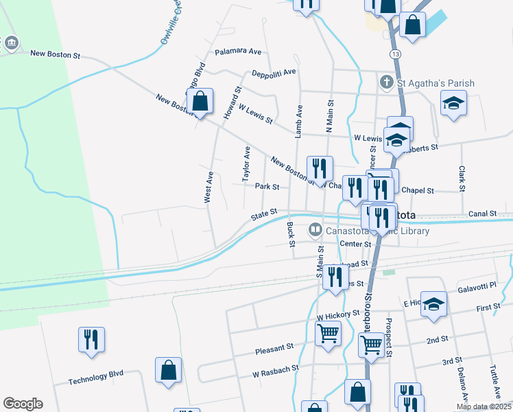 map of restaurants, bars, coffee shops, grocery stores, and more near 105 West Park Street in Canastota