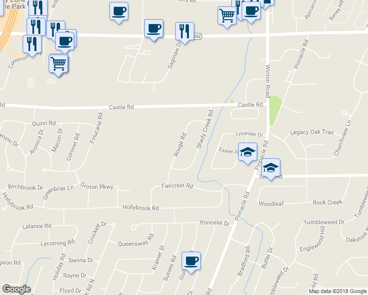 map of restaurants, bars, coffee shops, grocery stores, and more near 72 Rouge Road in Rochester