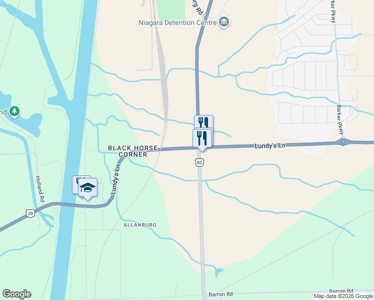 map of restaurants, bars, coffee shops, grocery stores, and more near 13225 Regional Road 20 in Thorold
