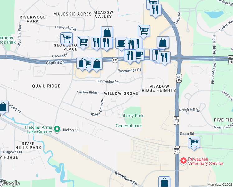 map of restaurants, bars, coffee shops, grocery stores, and more near 365 Lexington Court in Pewaukee