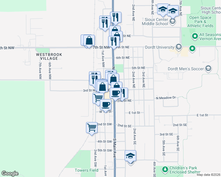 map of restaurants, bars, coffee shops, grocery stores, and more near in Sioux Center