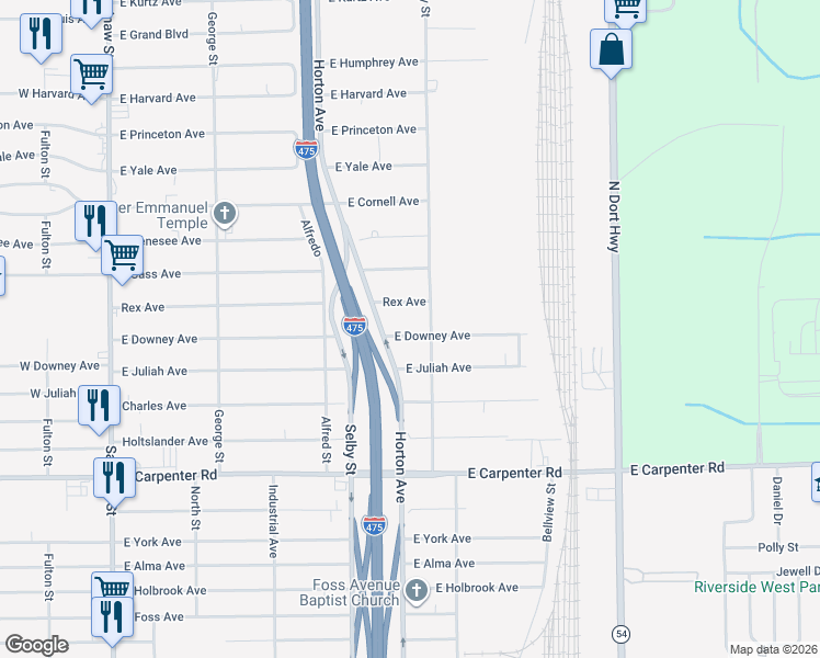 map of restaurants, bars, coffee shops, grocery stores, and more near 1309 East Downey Avenue in Flint