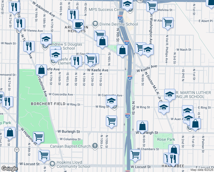 map of restaurants, bars, coffee shops, grocery stores, and more near 3345 North 10th Street in Milwaukee