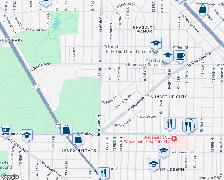 map of restaurants, bars, coffee shops, grocery stores, and more near 3320 North 58th Street in Milwaukee
