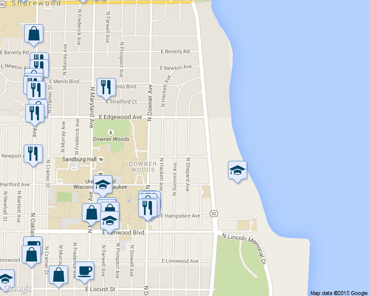 map of restaurants, bars, coffee shops, grocery stores, and more near 3419 North Shepard Avenue in Milwaukee