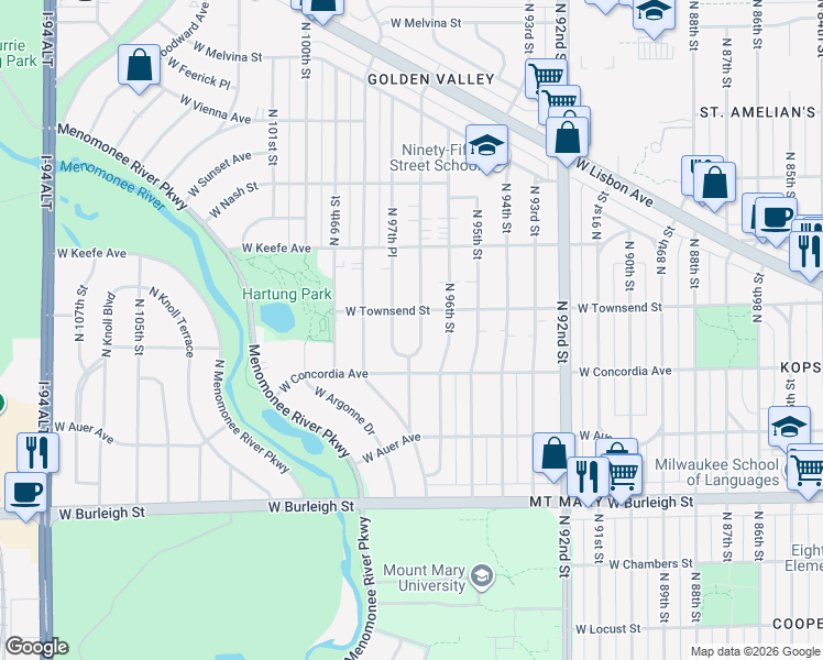 map of restaurants, bars, coffee shops, grocery stores, and more near 3363 North 97th Street in Milwaukee