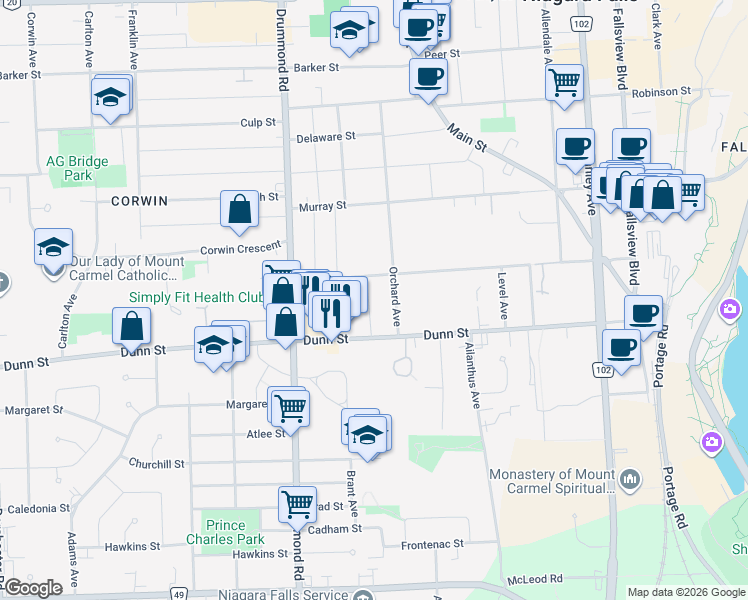 map of restaurants, bars, coffee shops, grocery stores, and more near 6568 Ralph Avenue in Niagara Falls