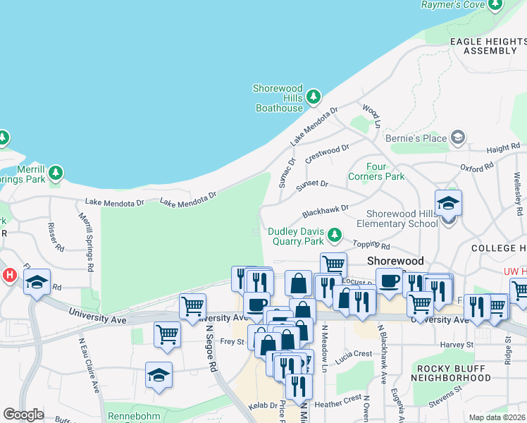 map of restaurants, bars, coffee shops, grocery stores, and more near 3611 Sunset Drive in Madison