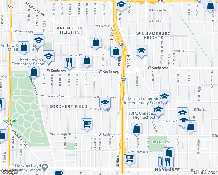 map of restaurants, bars, coffee shops, grocery stores, and more near 3345 North 9th Street in Milwaukee