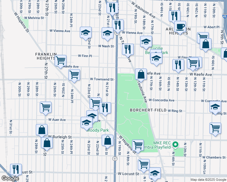map of restaurants, bars, coffee shops, grocery stores, and more near 3351 North 20th Street in Milwaukee