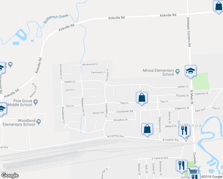 map of restaurants, bars, coffee shops, grocery stores, and more near 102 Boxwood Lane in Minoa
